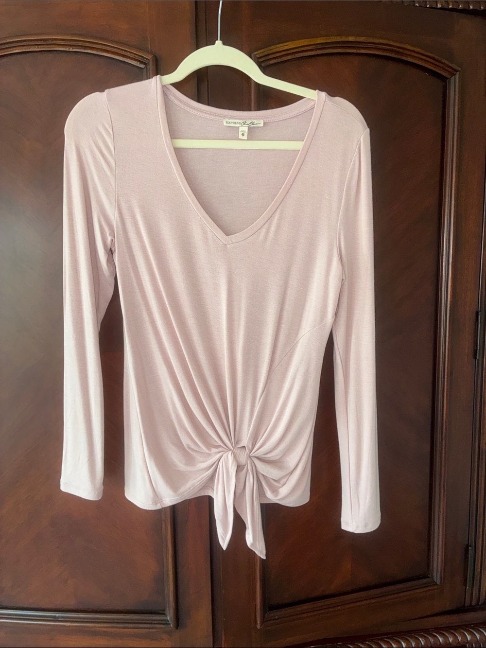 Express Long Sleeve V-Neck Tie-Front Top — Light Pink - Size XS